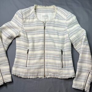 Joie Women's Textured Zip Jacket Raw Hem Ivory Blue Size Small